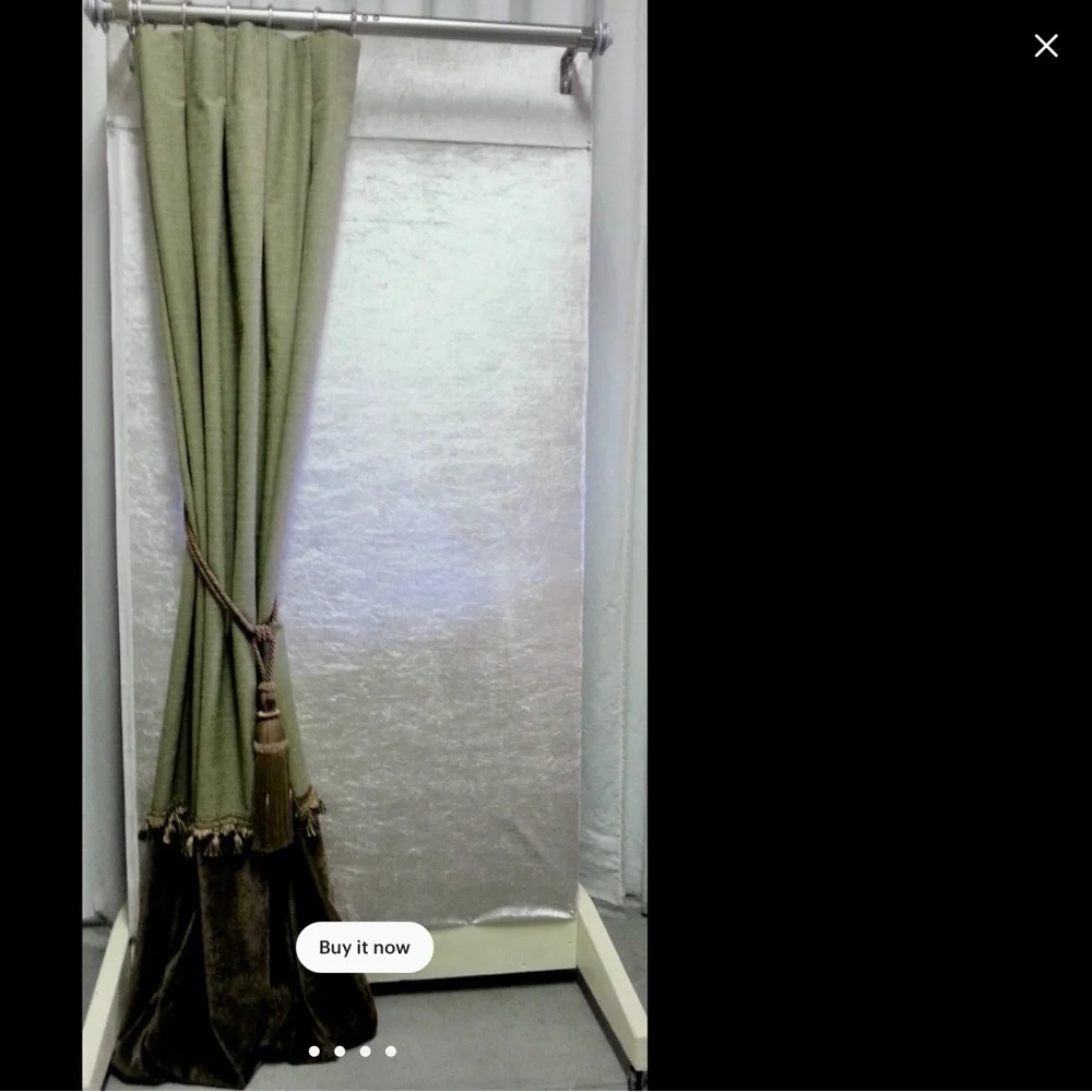 Curtain panel. Two fabrics separated by a tassel fringe. Custom made. New